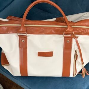 Cream and Brown Travel Weekender Tote with Tassel Accent